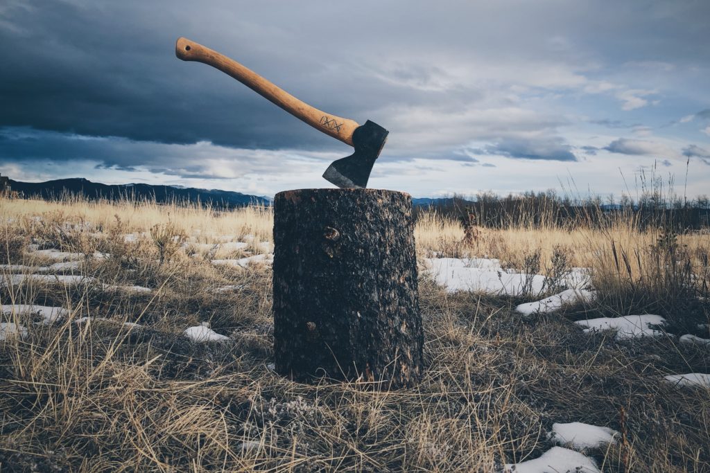 axe sticking in wood stump in snow-covered field