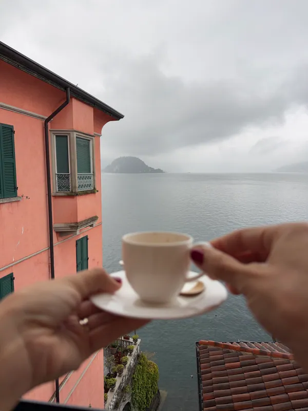 Coffee with a view of Lake Como on a misty morning